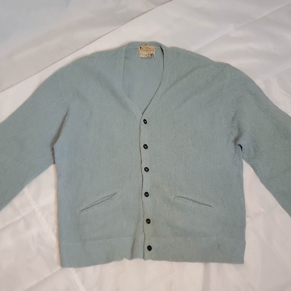 Vintage 60s Webb Steins Men's Soft Blue Cardigan Sweater, Sz XL, Slit Pockets